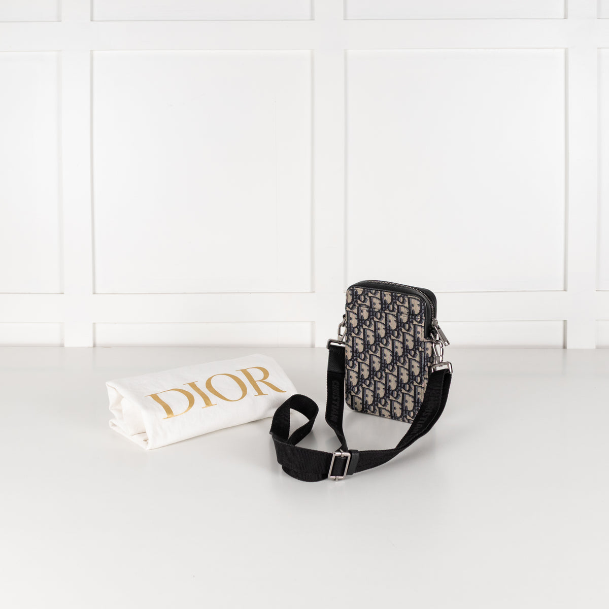 Christian Dior Beige Black Oblique Jacquard Vertical Crossbody Pouch
