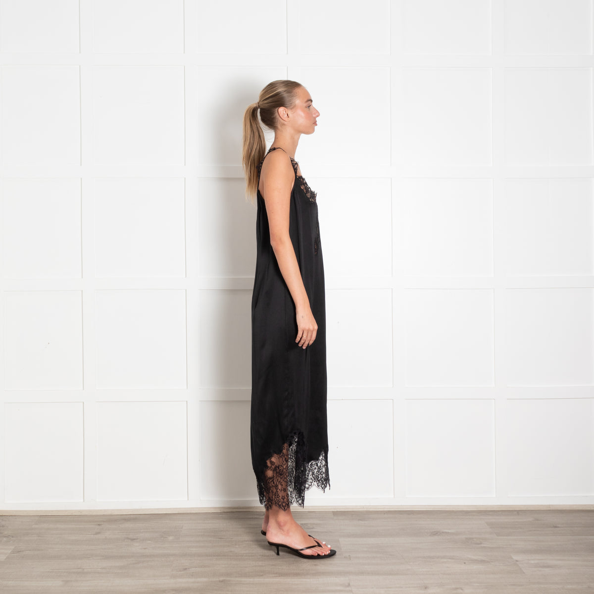 Raey Black Silk Lace Trim Strappy Dress