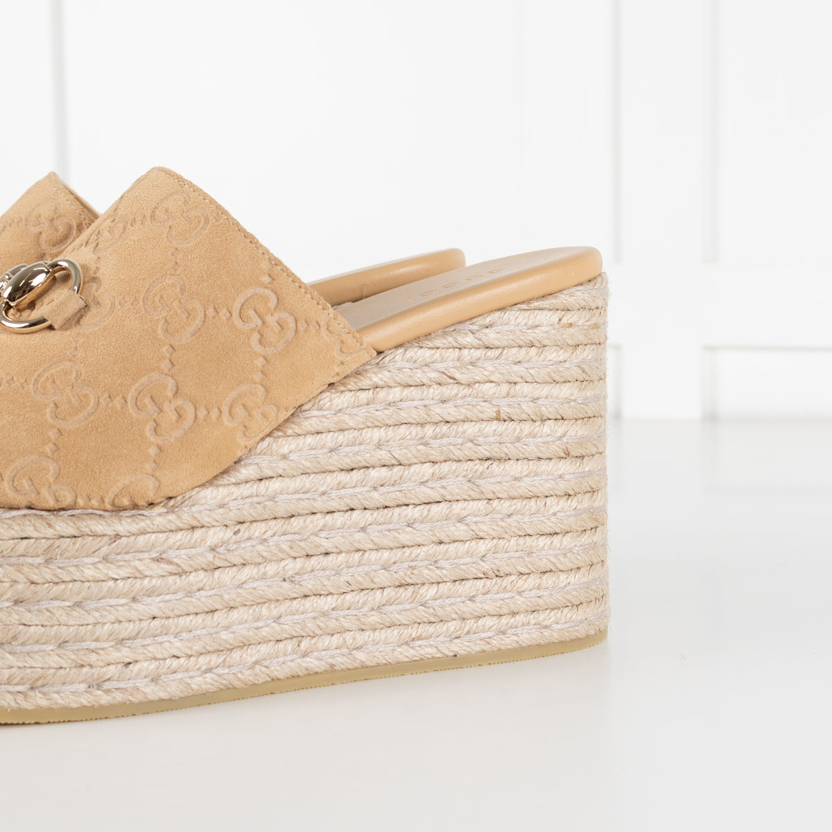Gucci Beige Suede Platform Espadrille With Gold Horsebit