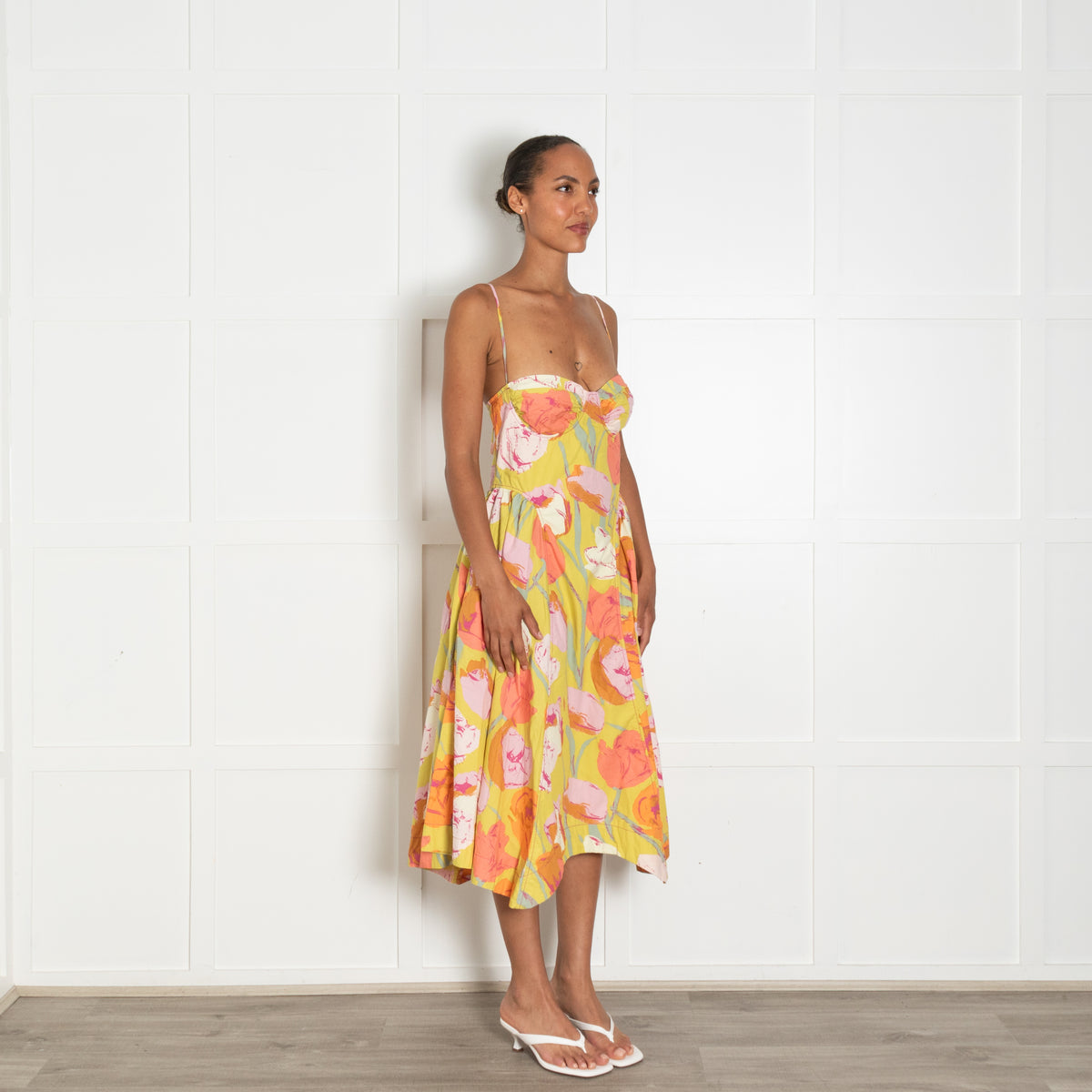 Free People Yellow Orange Floral Sleeveless Cotton Midi Dress
