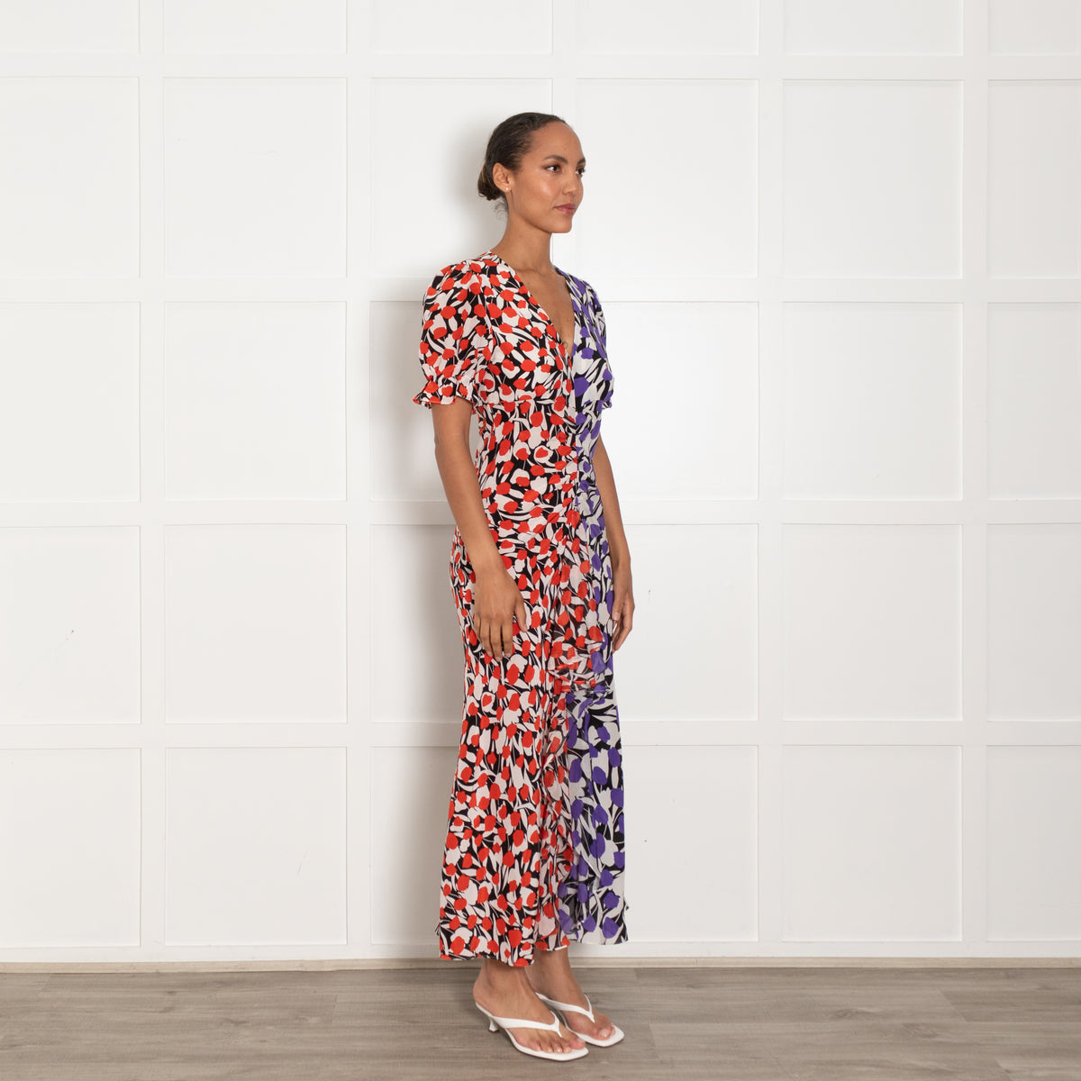 Rixo White Black Orange Floral Short Sleeve Maxi Dress