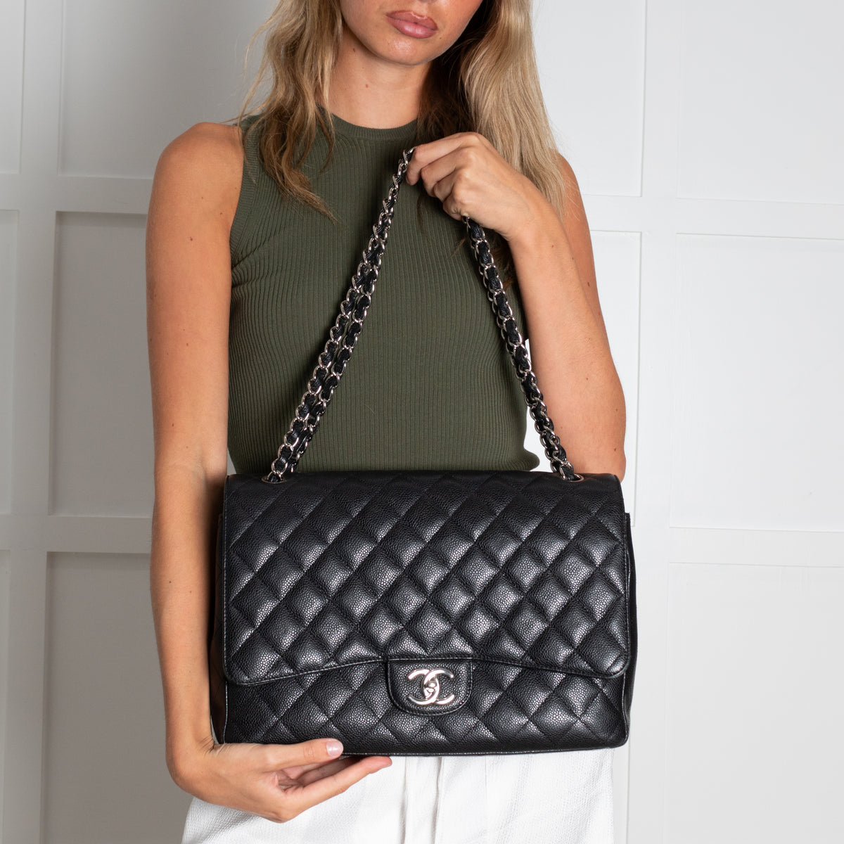 Chanel Black Caviar Leather Maxi Double Flap Bag