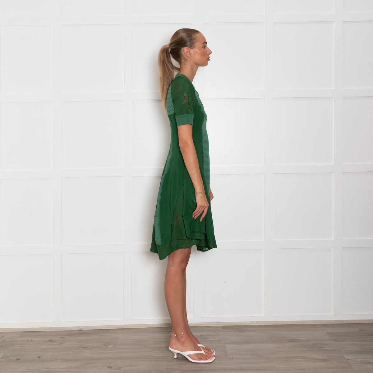 High Green Stretchy Mesh Detail Short Dress