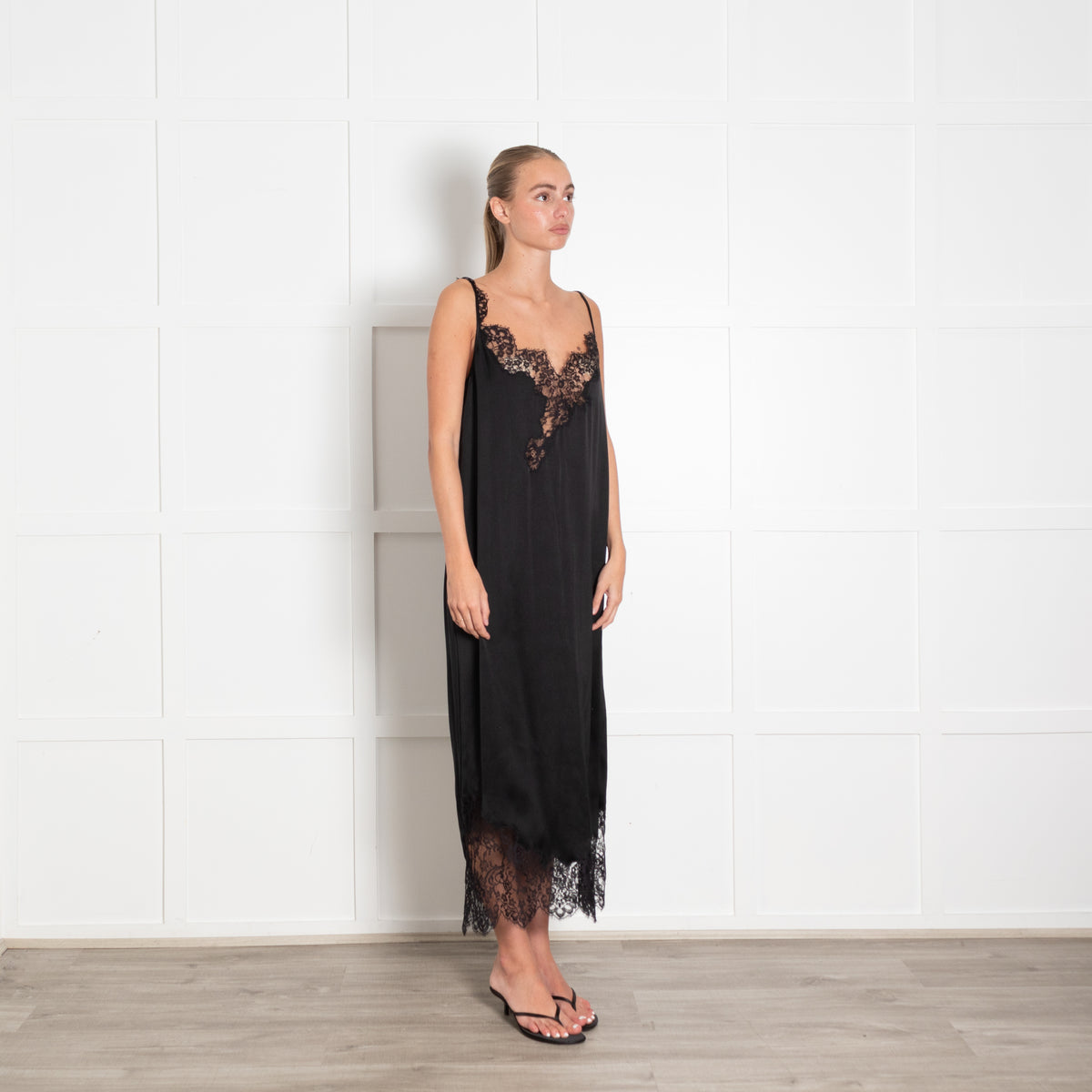 Raey Black Silk Lace Trim Strappy Dress