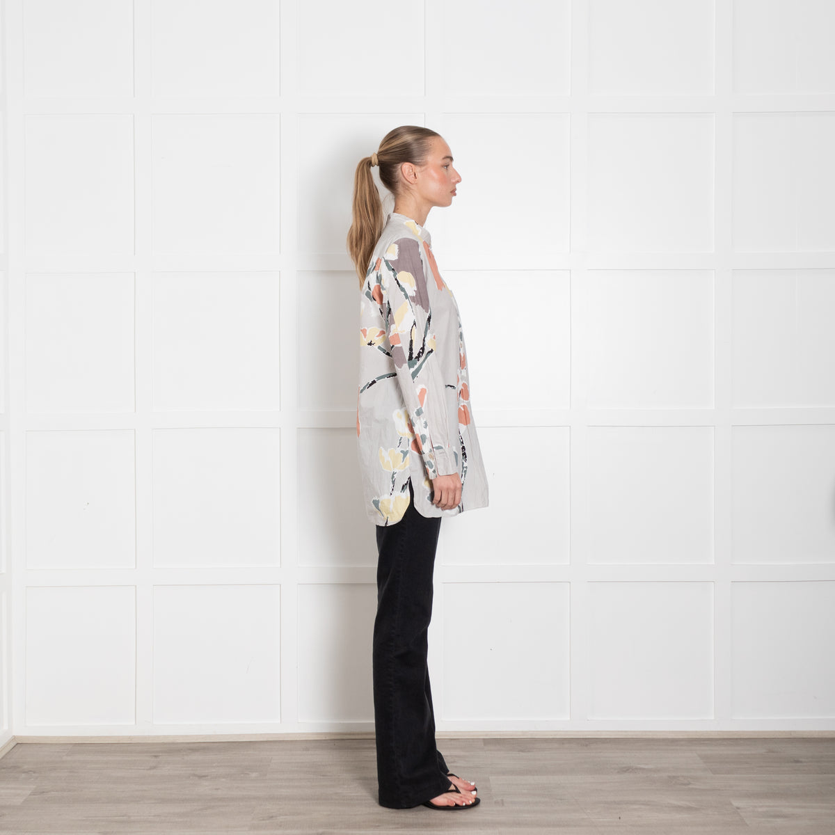 Marni Grey Orange Yellow Abstract Flower Print Cotton Shirt