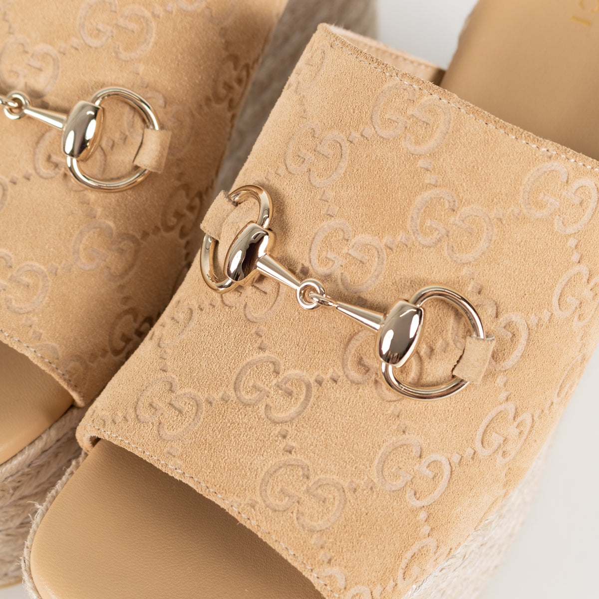 Gucci Beige Suede Platform Espadrille With Gold Horsebit
