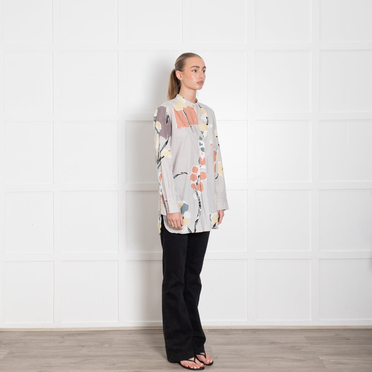 Marni Grey Orange Yellow Abstract Flower Print Cotton Shirt