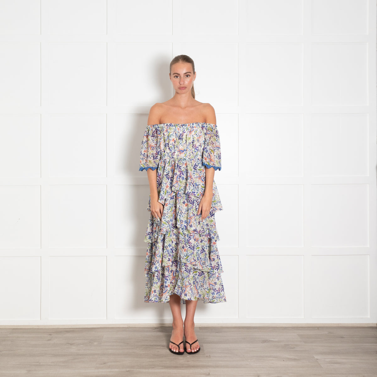 Hale Bob Floral Blue Tiered Maxi Dress With Embroidered Sleeve Hems