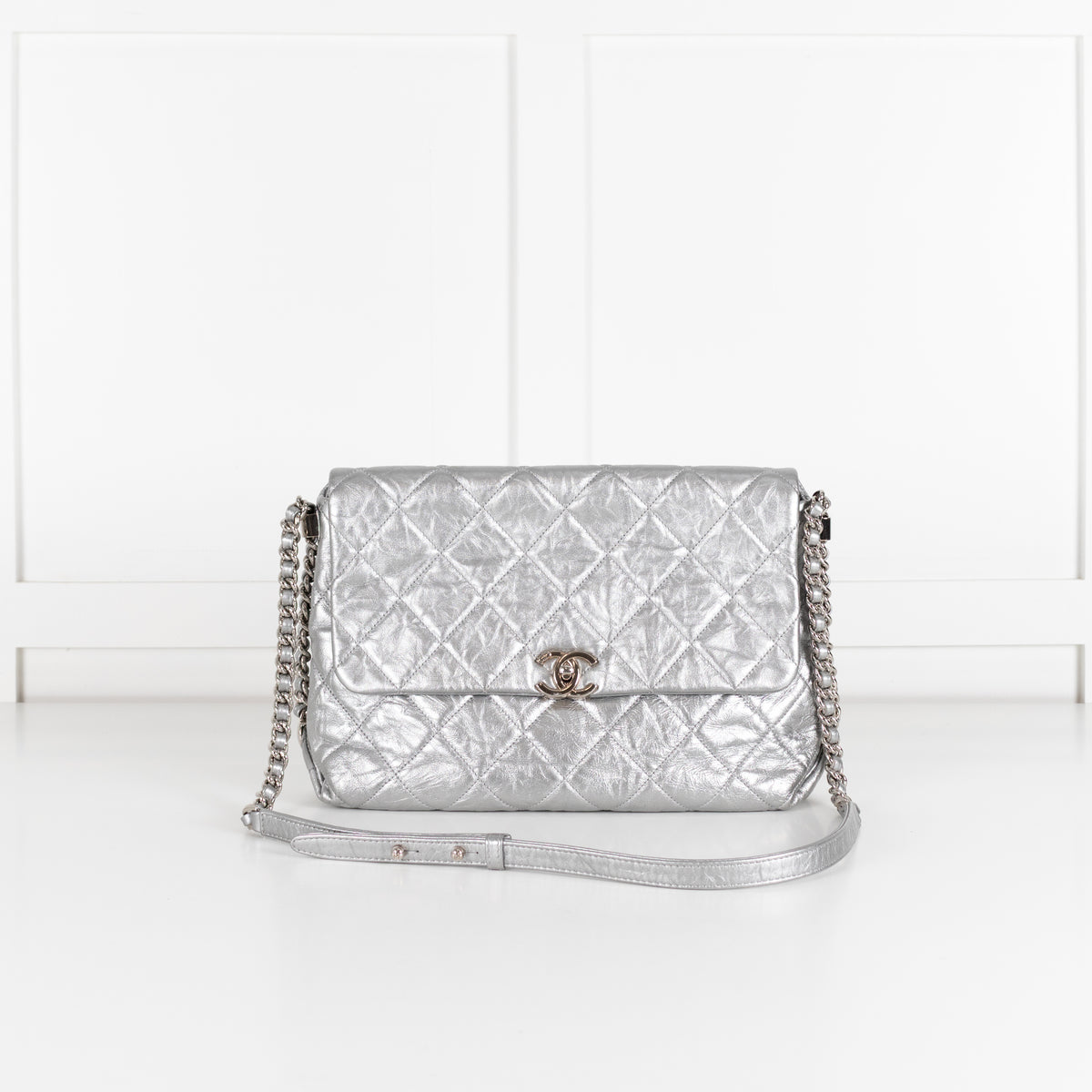 Chanel Leather Turn Lock Chain Silver Shoulder Bag