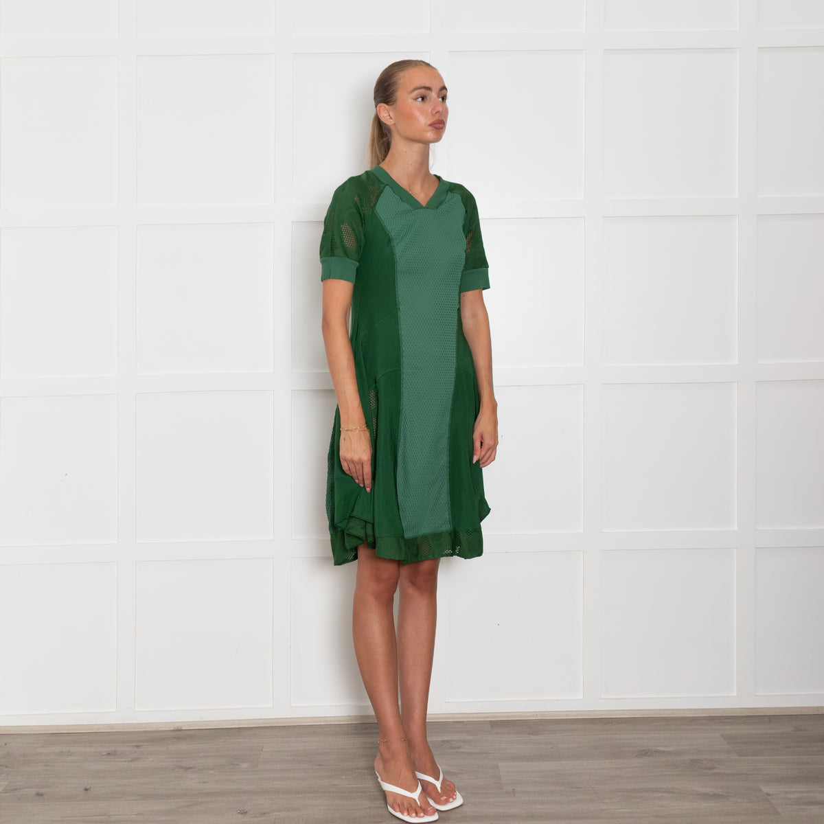 High Green Stretchy Mesh Detail Short Dress