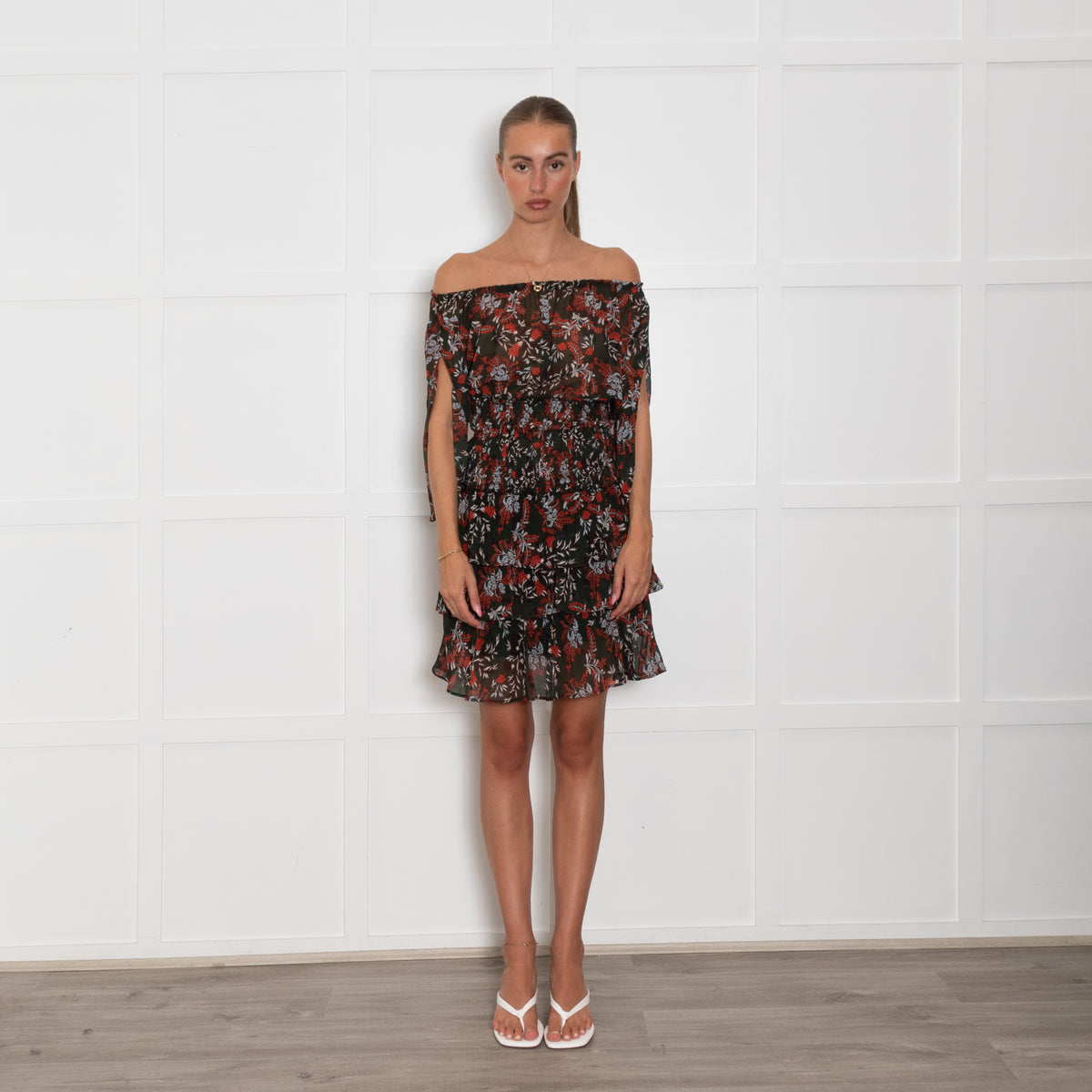 Maje Bottle Green Orange Floral Elasticated Waist Mini Dress