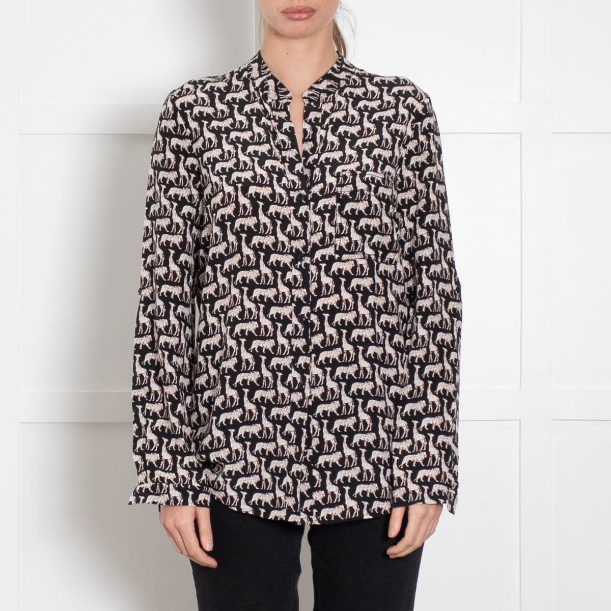 Diane Von Furstenberg Black Beige Silk Lion Giraffe Print Blouse