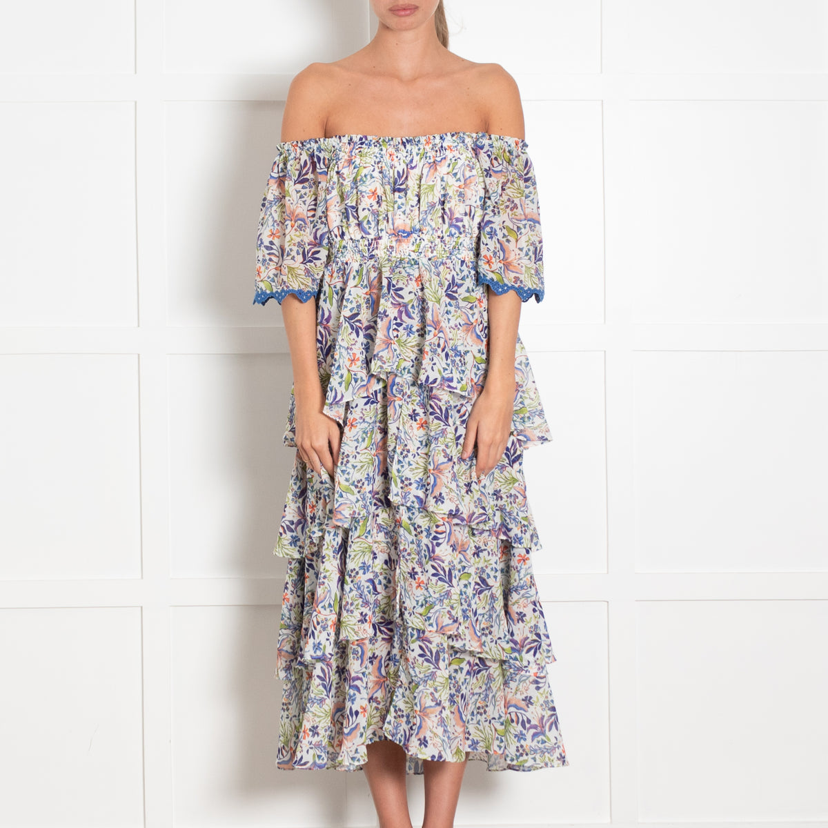 Hale Bob Floral Blue Tiered Maxi Dress With Embroidered Sleeve Hems