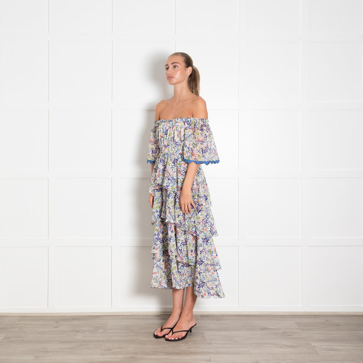 Hale Bob Floral Blue Tiered Maxi Dress With Embroidered Sleeve Hems