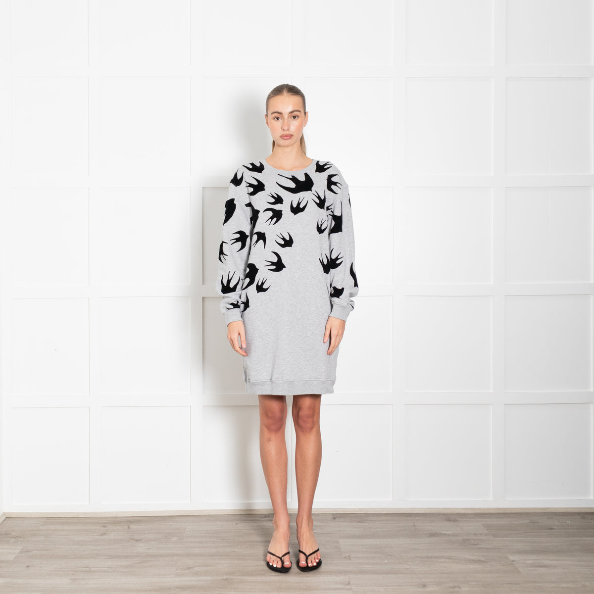 McQ Grey Sweatshirt Dress With Black Swallows