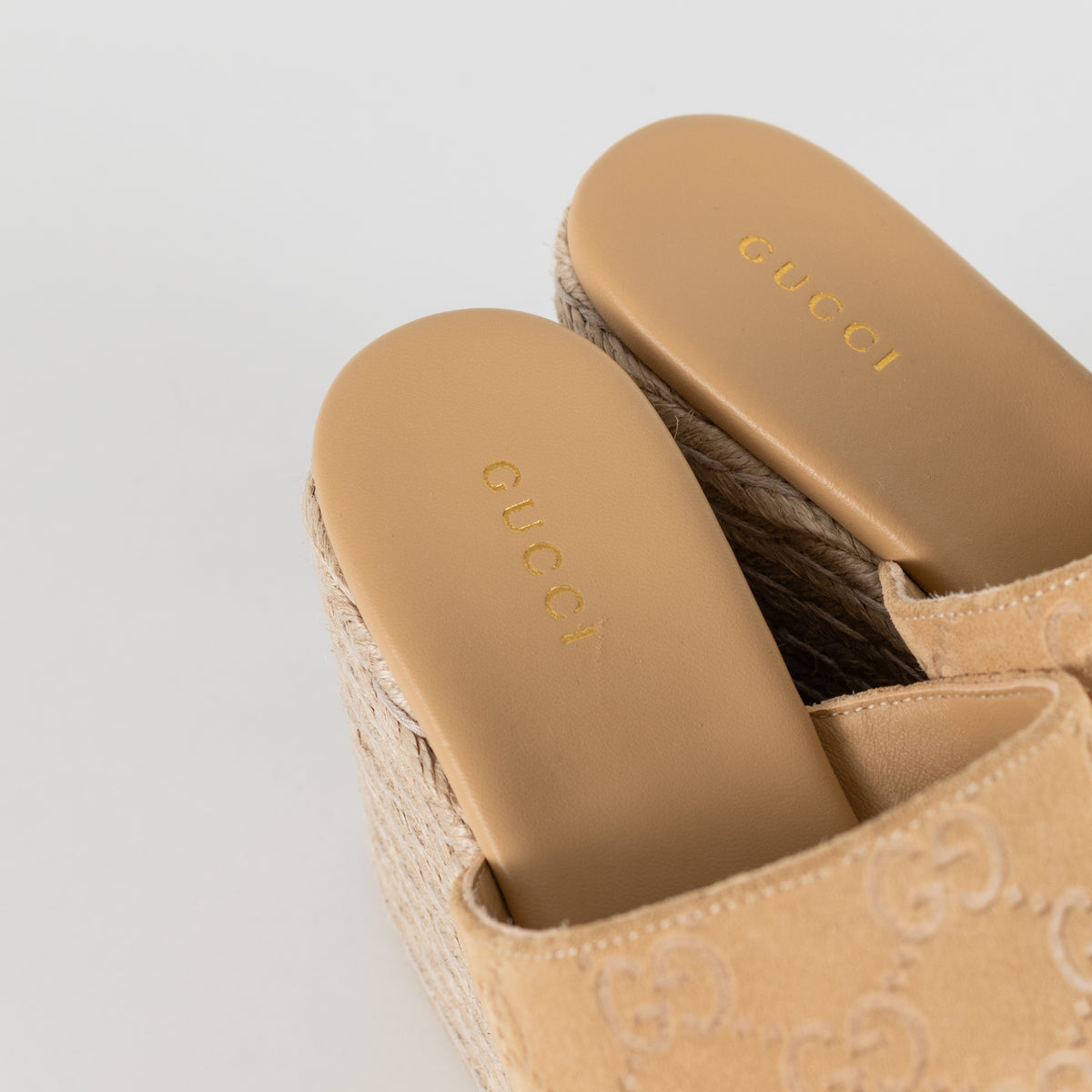 Gucci Beige Suede Platform Espadrille With Gold Horsebit
