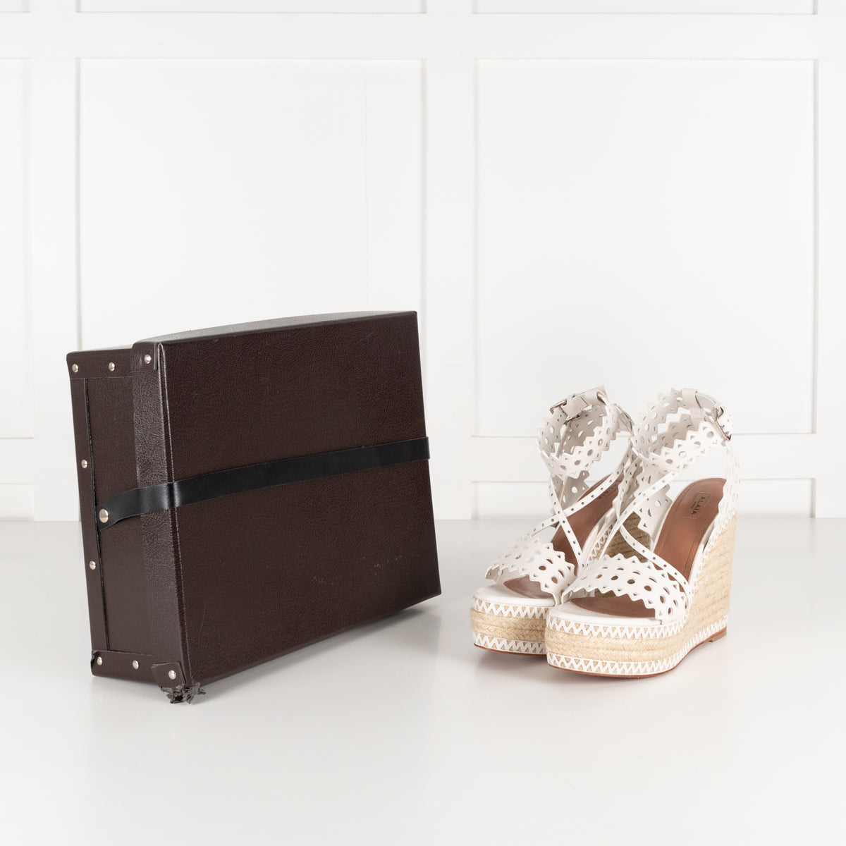 Alaia White Perforated Leather Espadrille Heeled Wedges