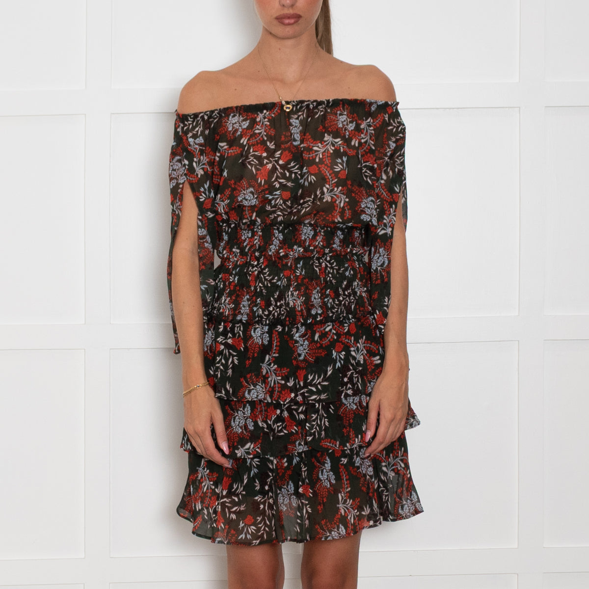 Maje Bottle Green Orange Floral Elasticated Waist Mini Dress