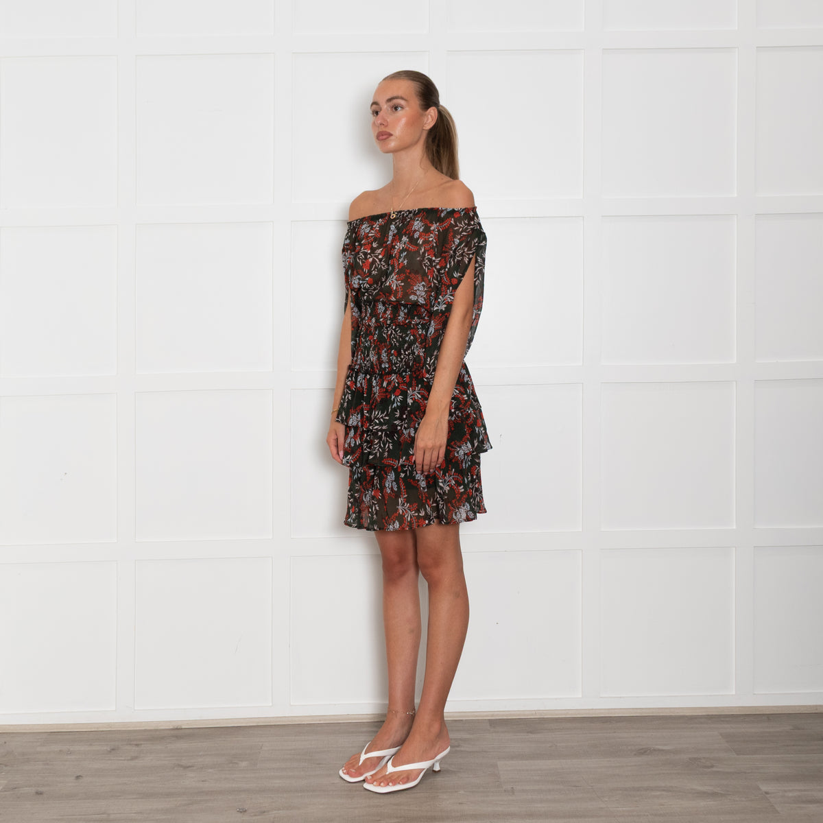 Maje Bottle Green Orange Floral Elasticated Waist Mini Dress