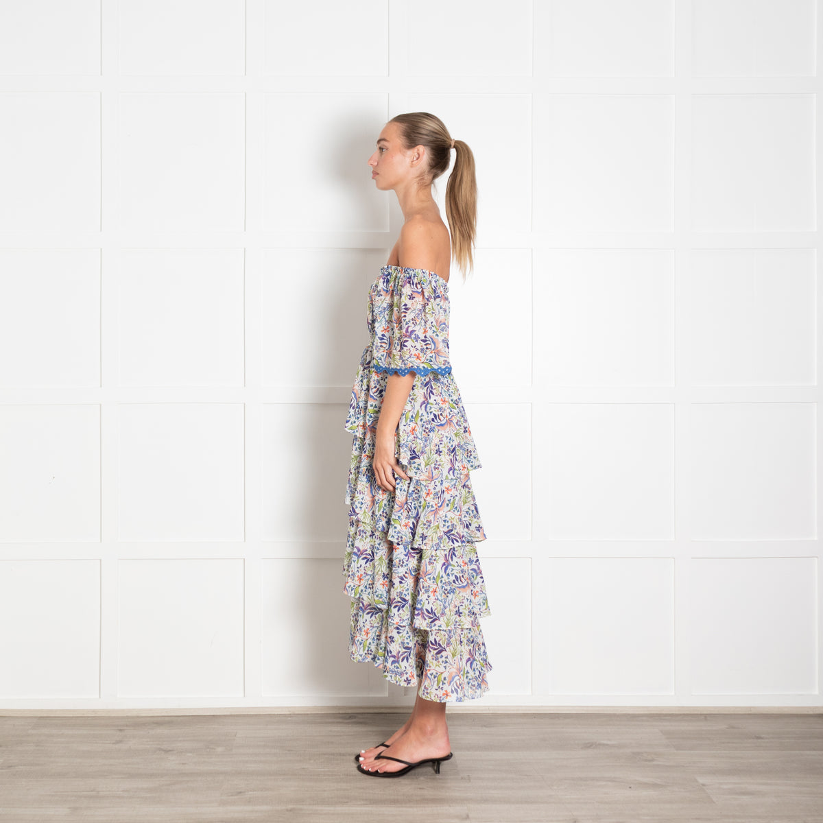 Hale Bob Floral Blue Tiered Maxi Dress With Embroidered Sleeve Hems