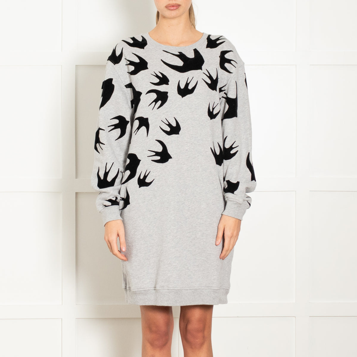 McQ Grey Sweatshirt Dress With Black Swallows