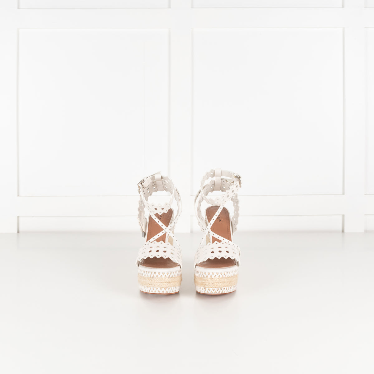 Alaia White Perforated Leather Espadrille Heeled Wedges