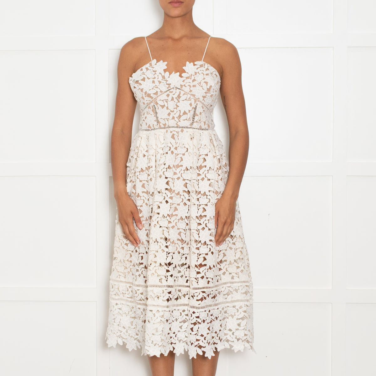 Self-Portrait White Lace Flower Spaghetti Strap Midi Dress
