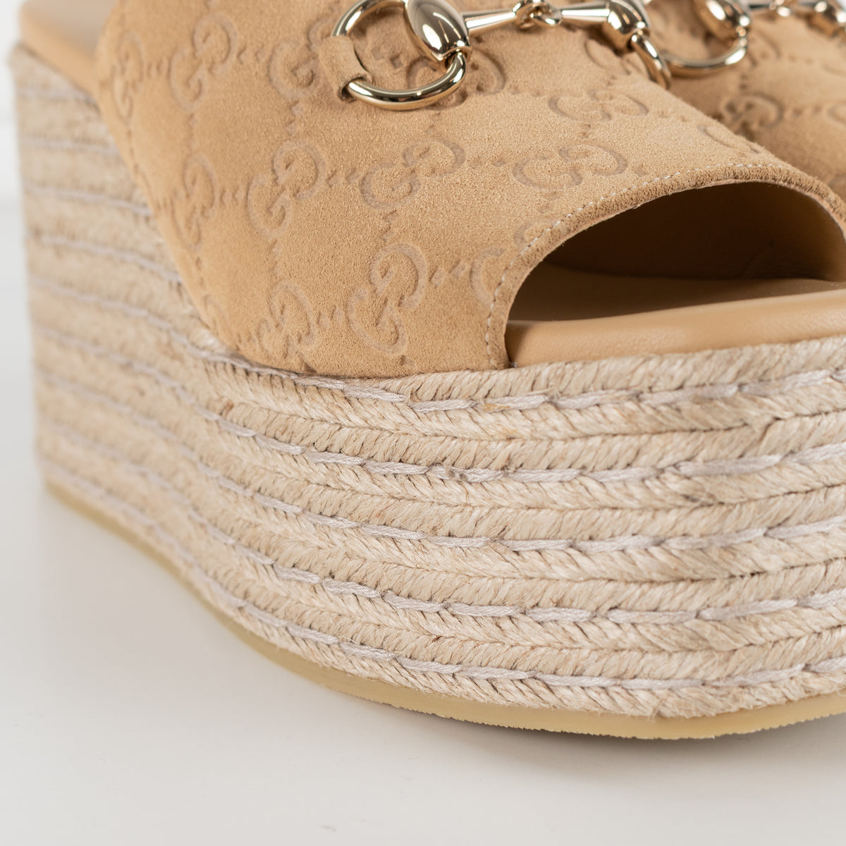 Gucci Beige Suede Platform Espadrille With Gold Horsebit