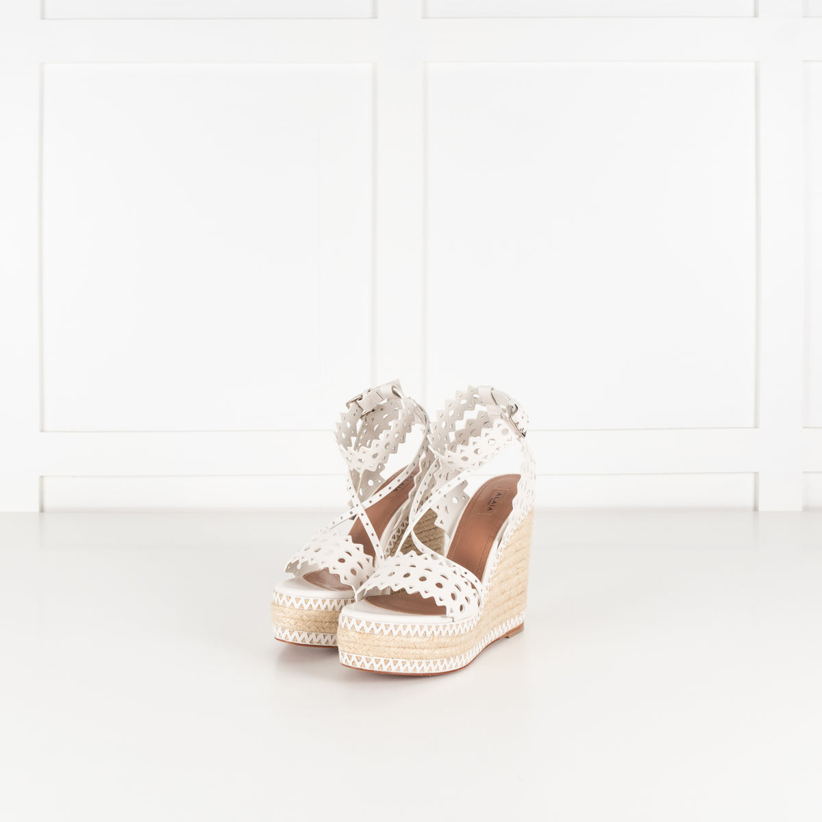 Alaia White Perforated Leather Espadrille Heeled Wedges