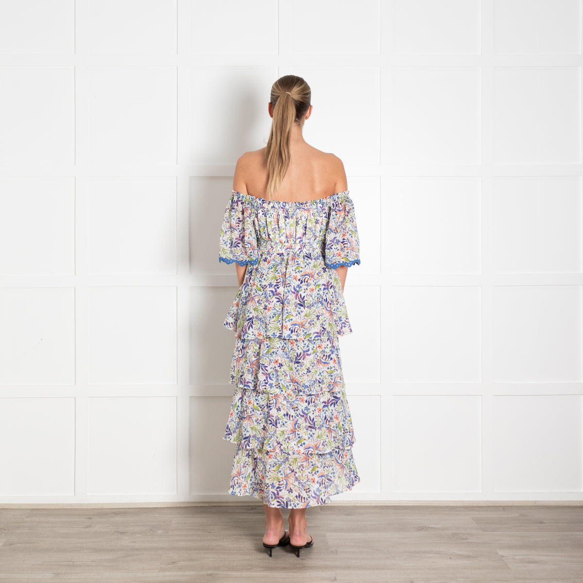 Hale Bob Floral Blue Tiered Maxi Dress With Embroidered Sleeve Hems