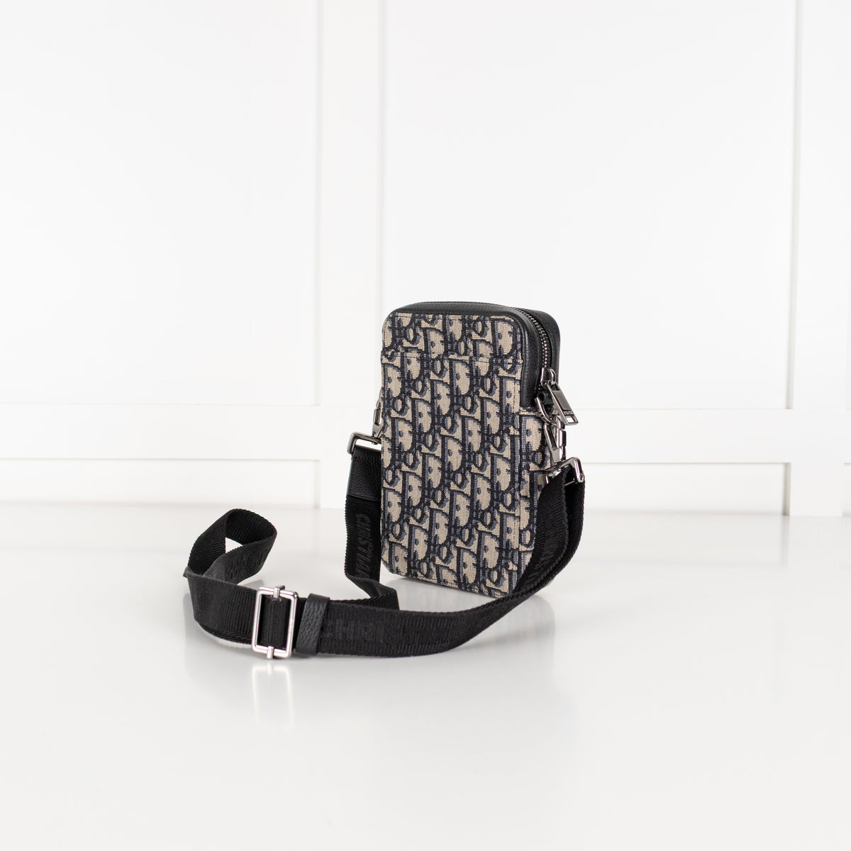 Christian Dior Beige Black Oblique Jacquard Vertical Crossbody Pouch