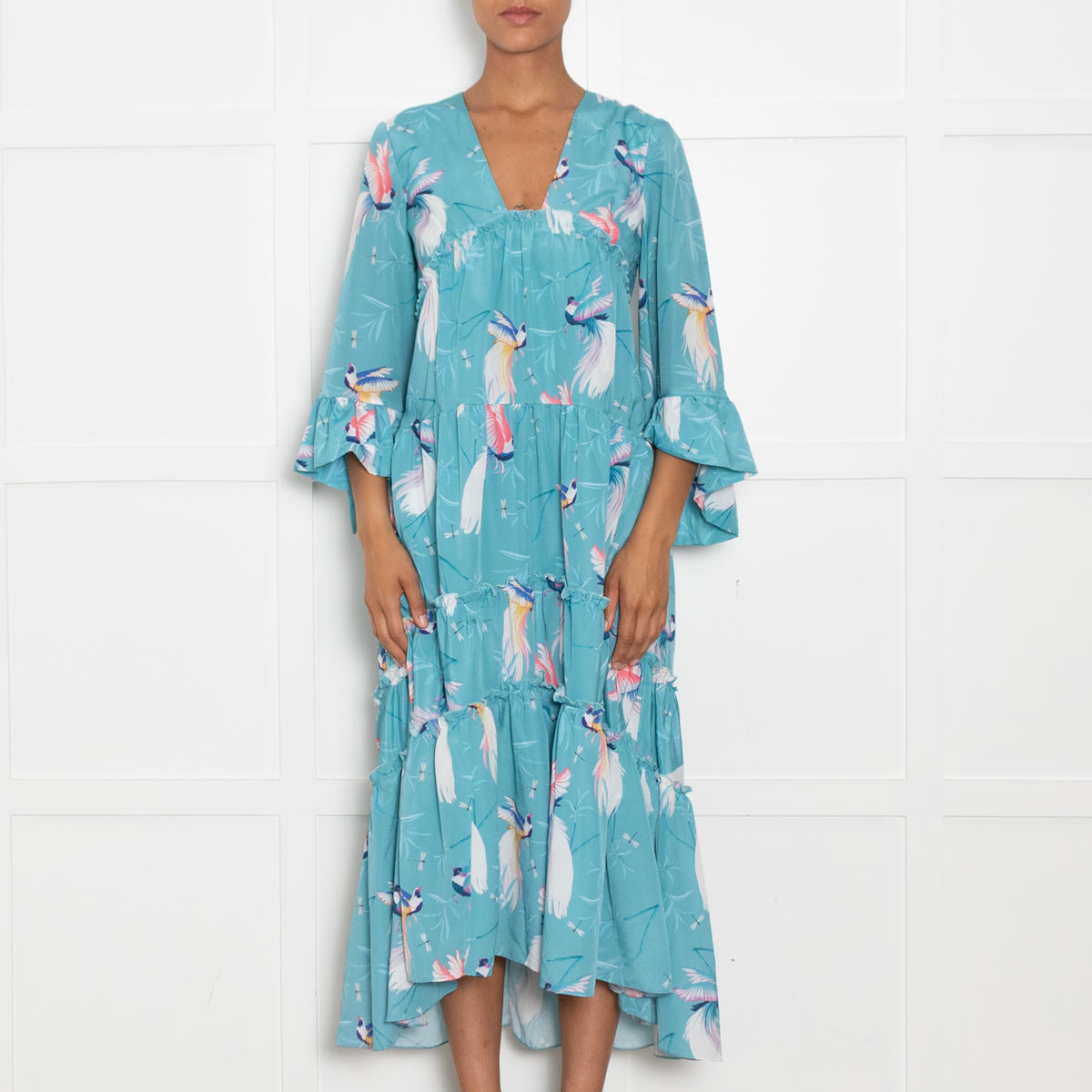 Borgo de Nor Turquoise Bird Print Tiered Maxi Dress