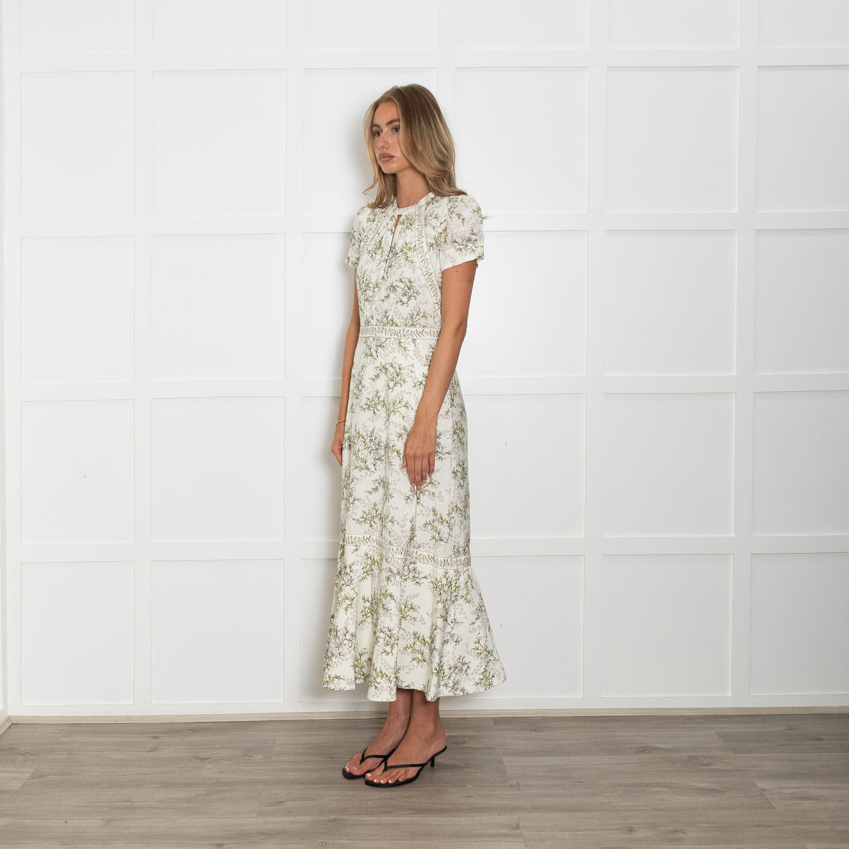 Me + Em Cream and Green Leaf Print Midi Dress