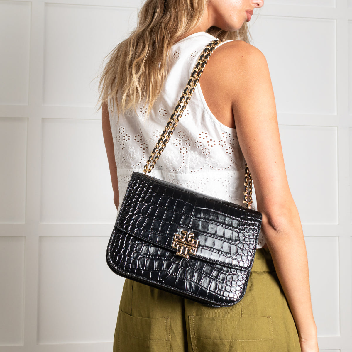 Tory Burch Black Moc Croc Embossed Eleanor Crossbody Bag
