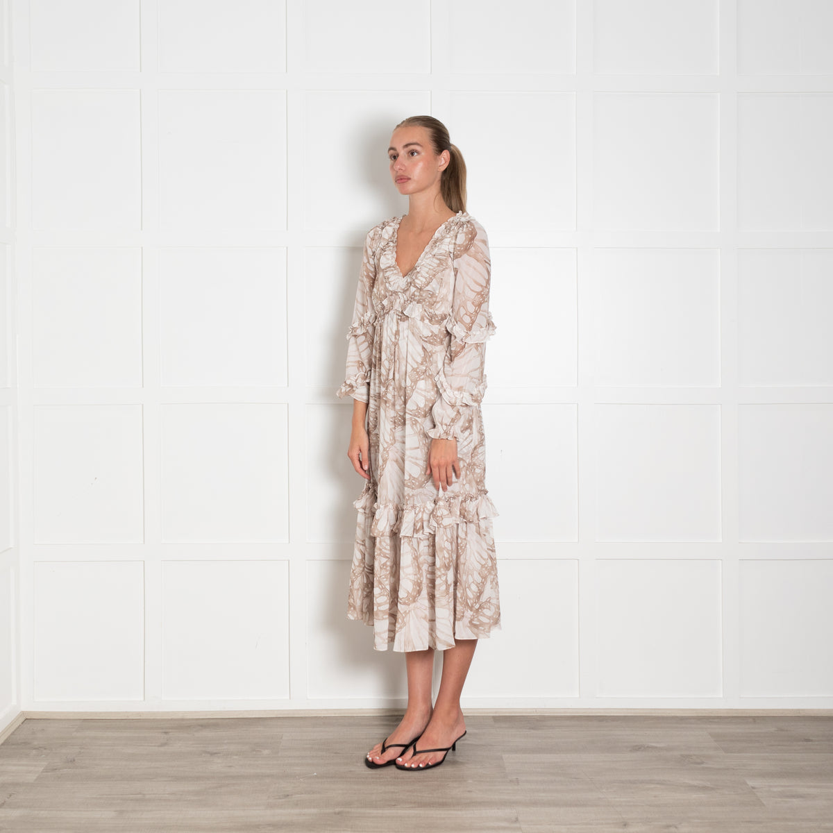 Needle & Thread Cream Beige Print Sleeved Ruffle Detail Maxi Dress