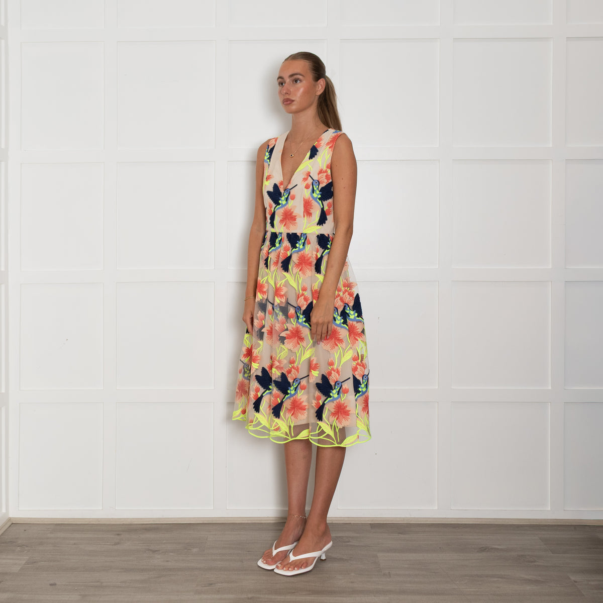 Alice + Olivia Beige Orange Neon Green Bird Embroidered Dress