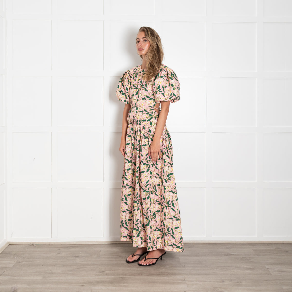 Agua Bendita Pink Green Floral Backless Puff Sleeve Maxi Dress