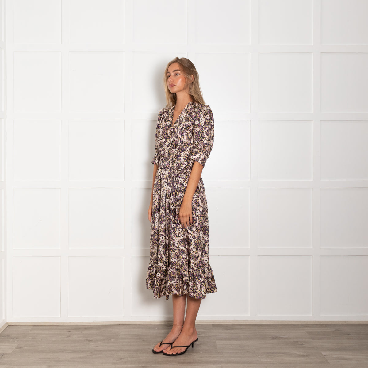 Sandro Purple Yellow Floral Wrap Midi Dress