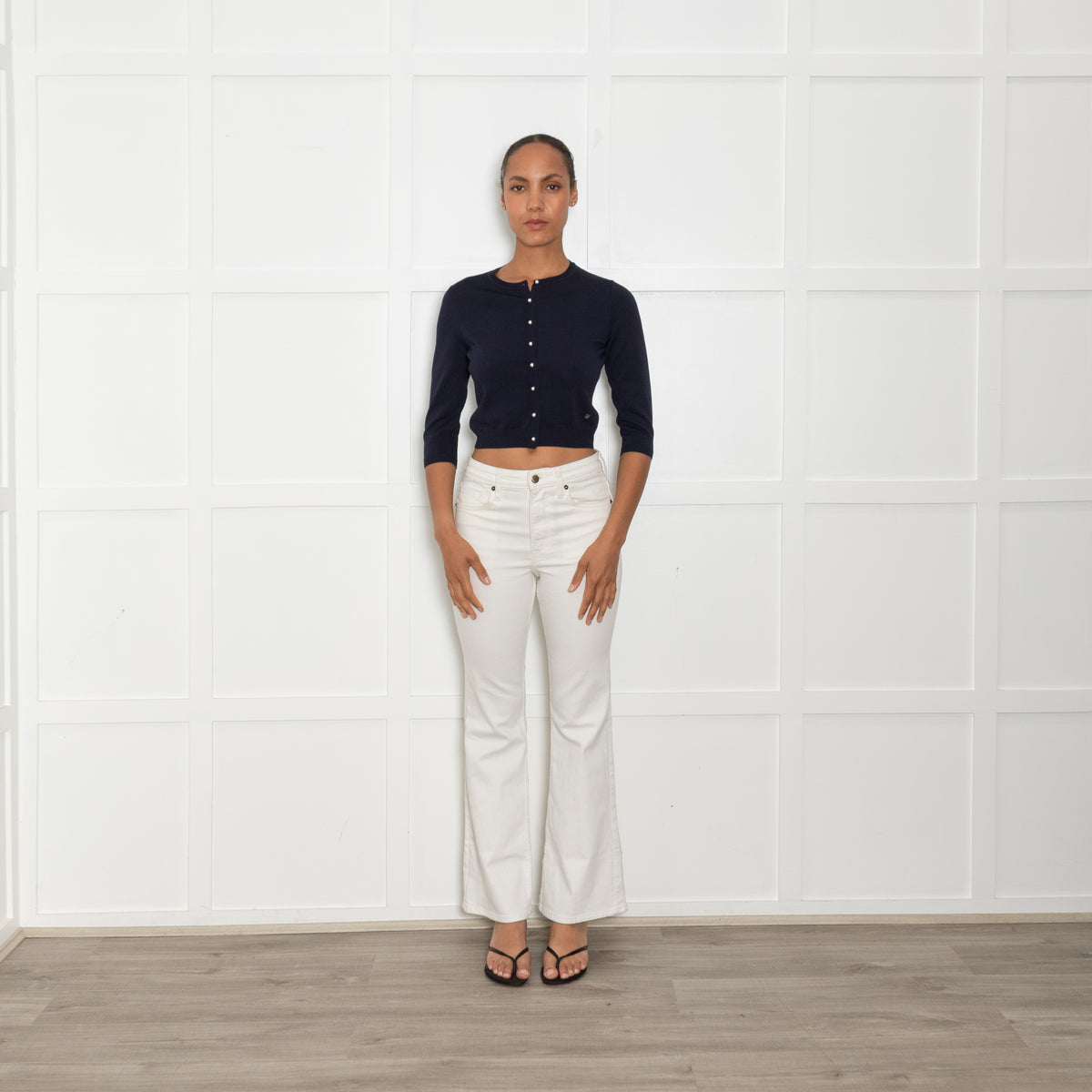 CH Carolina Herrera Navy Pearl Button Cropped Cardigan