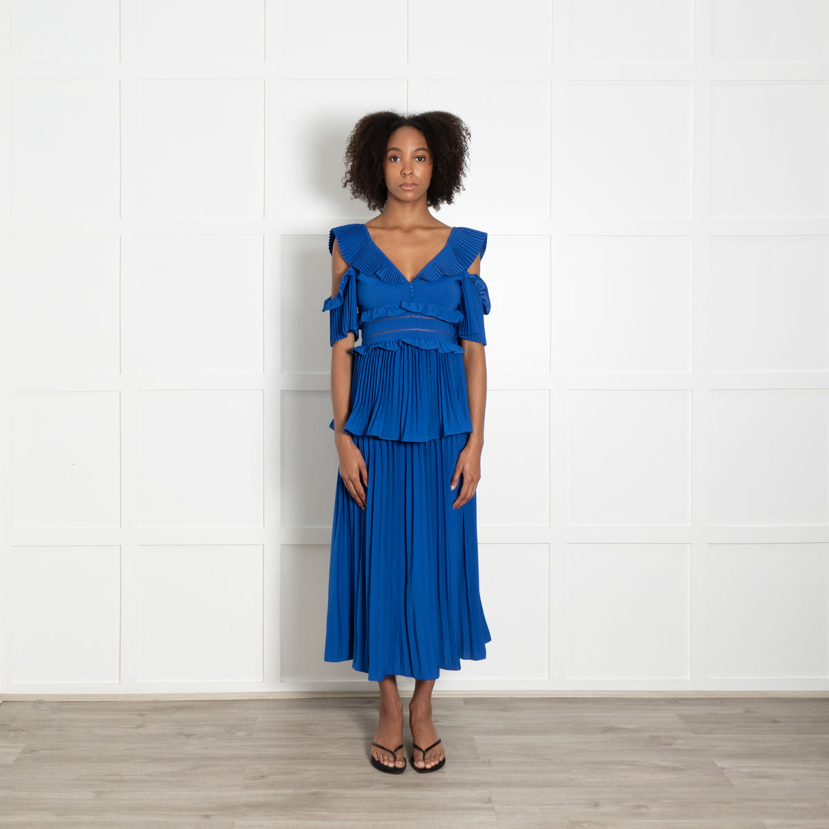 Self Portrait Royal Blue Pleated Detail Short Sleeve Dress