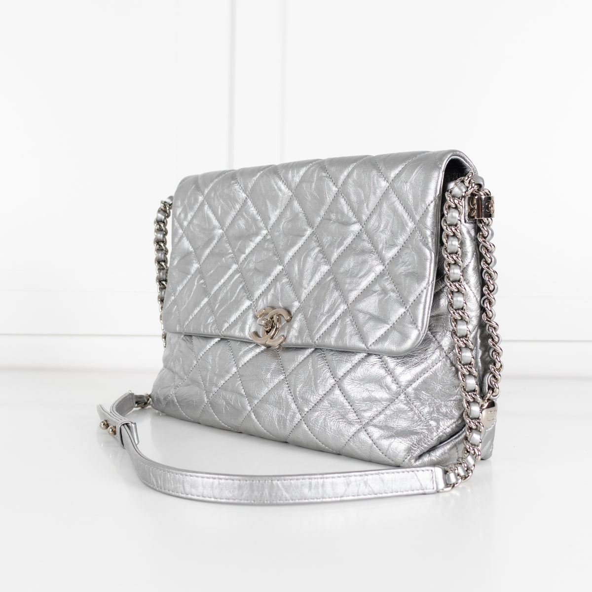 Chanel Leather Turn Lock Chain Silver Shoulder Bag
