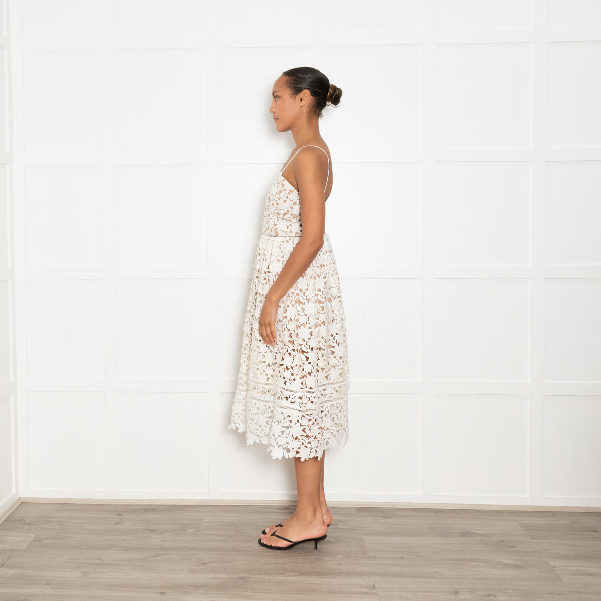 Self-Portrait White Lace Flower Spaghetti Strap Midi Dress