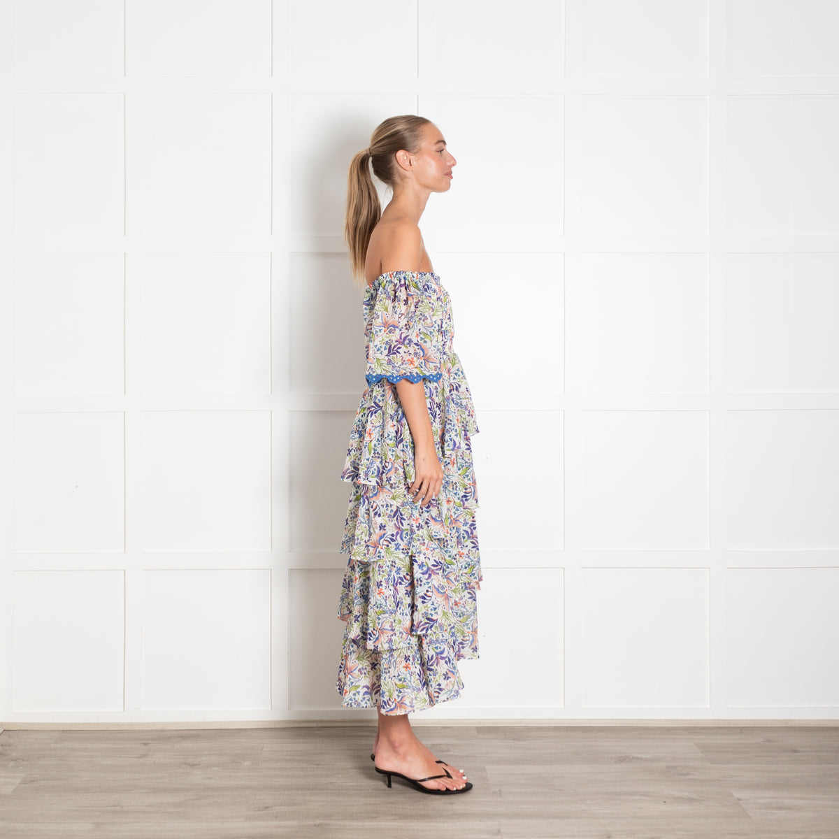 Hale Bob Floral Blue Tiered Maxi Dress With Embroidered Sleeve Hems