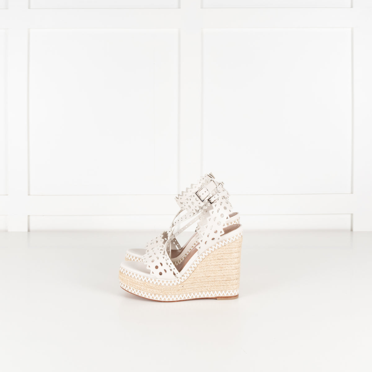 Alaia White Perforated Leather Espadrille Heeled Wedges