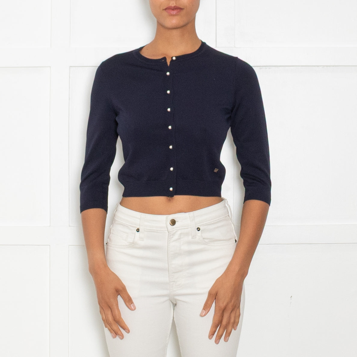 CH Carolina Herrera Navy Pearl Button Cropped Cardigan