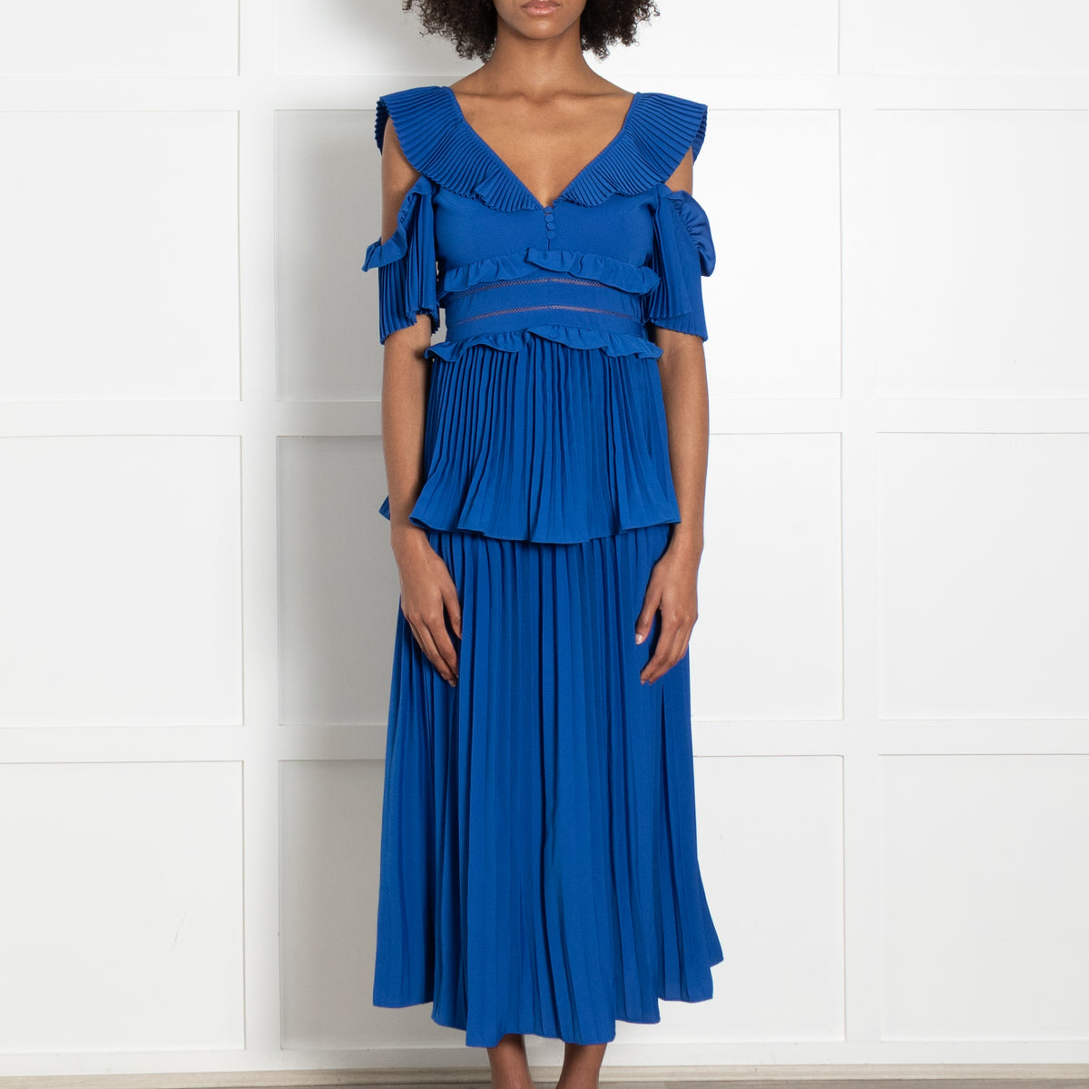 Self Portrait Royal Blue Pleated Detail Short Sleeve Dress