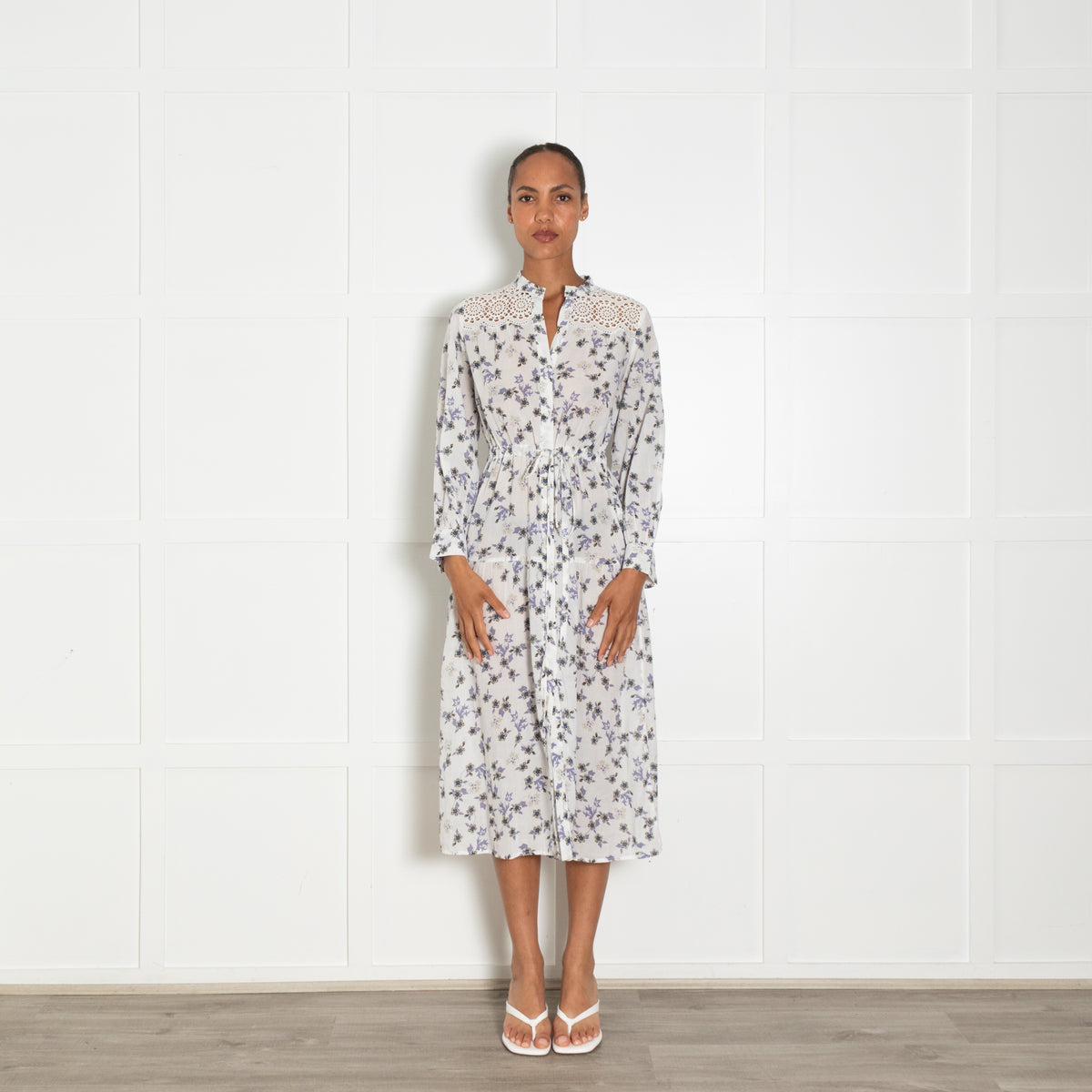 Sandro White Lilac Floral Cotton Lace Detail Midi Dress