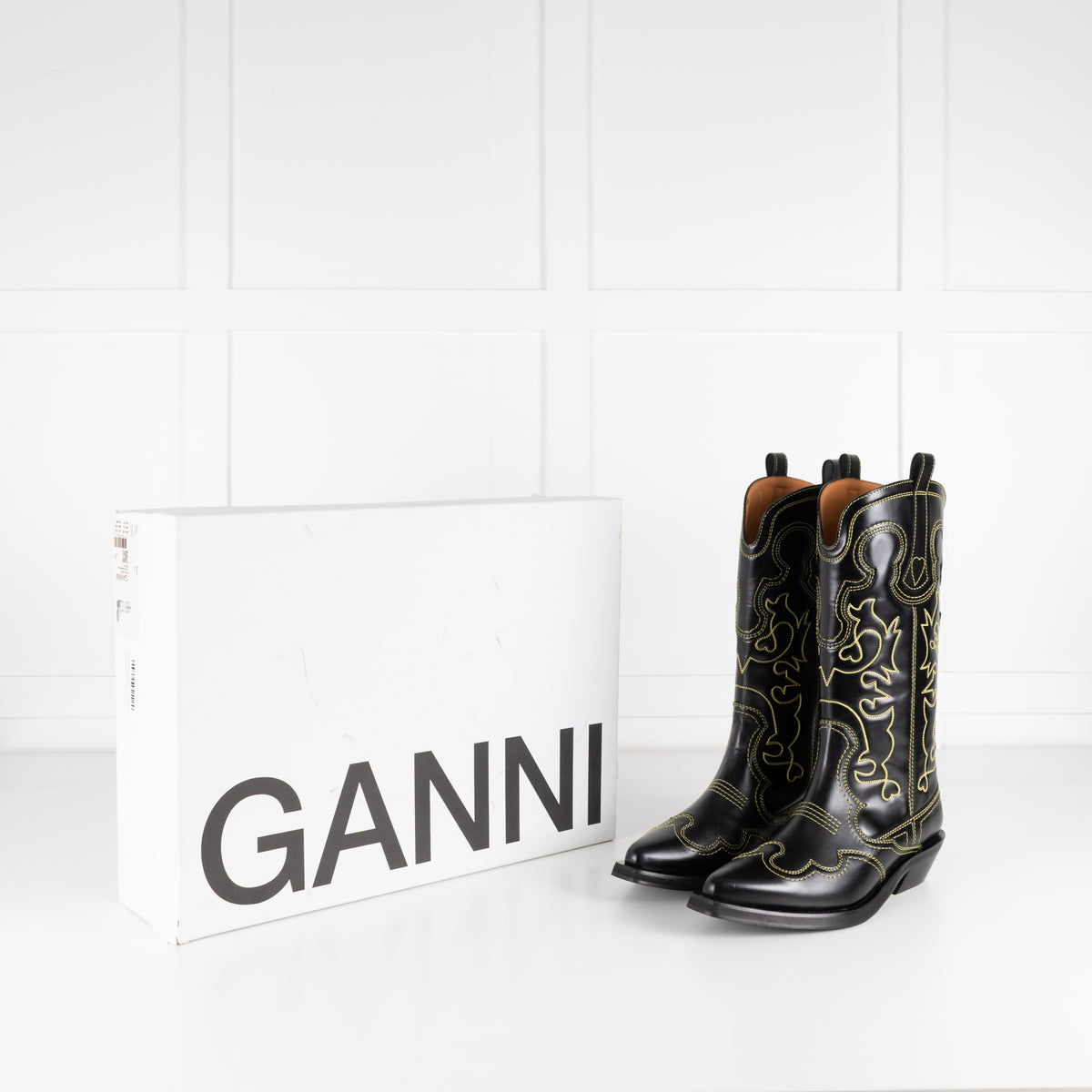 GANNI Mid Shaft Embroidered Western Boot Black/Yellow