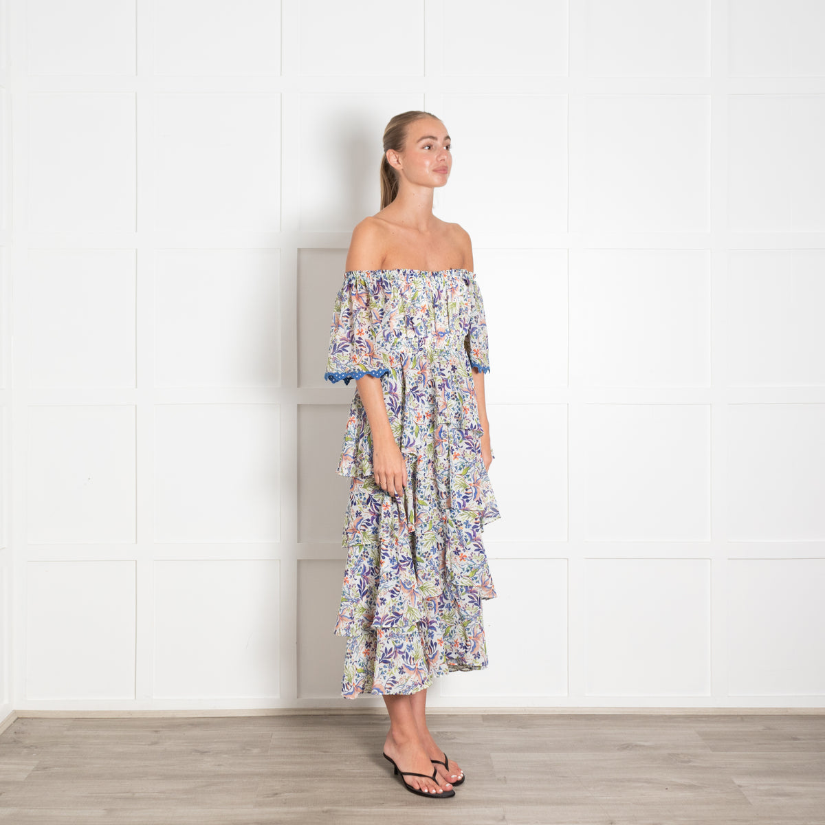 Hale Bob Floral Blue Tiered Maxi Dress With Embroidered Sleeve Hems