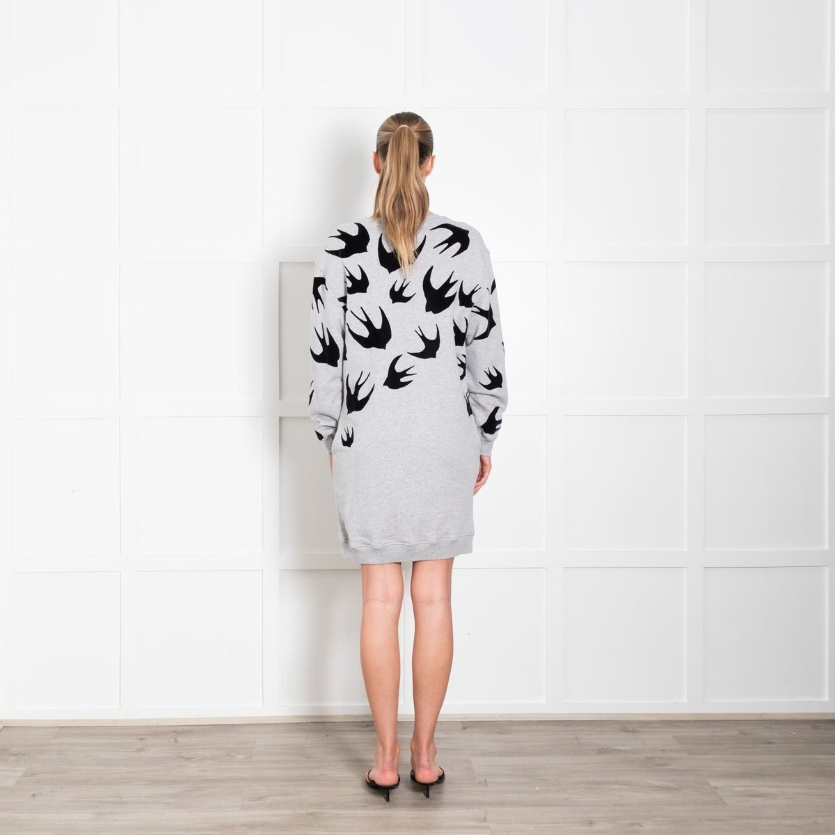 McQ Grey Sweatshirt Dress With Black Swallows